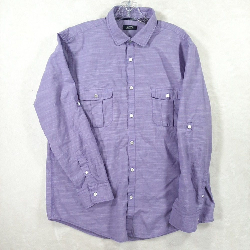Alfani Mens XL Regular Fit Purple Slub Button Down Roll Tab‎ Sleeve Shirt
